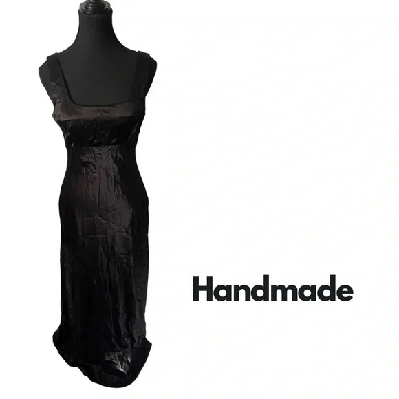 Handmade | Black Formal Scoop Neck Satin Gown | Size  S [item no: 8] - Picture 1 of 5